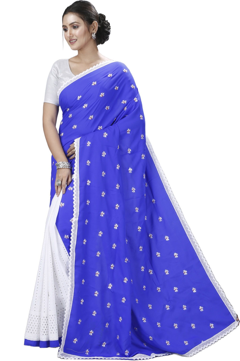 Blue White Pure Cotton LalPori Hand Loom Saree (1254)
